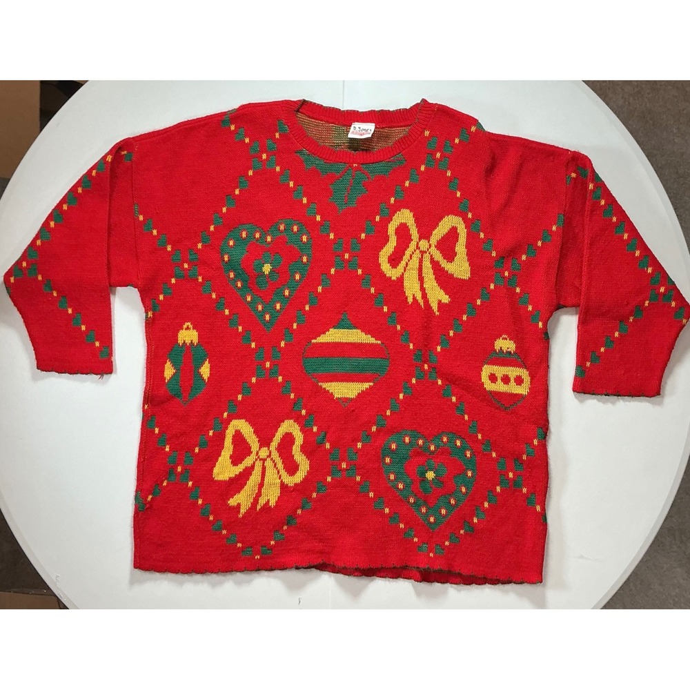 VTG Y2K Holiday Time Sweater Granny Womens XL Red Ugly Christmas Ornaments Bows